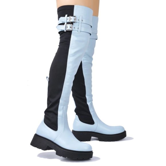 Techno Baby Blue Lycra Stretch Lug Sole Thigh High Combat Rider Brand New - Picture 16 of 16